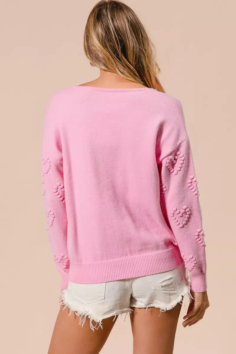 BiBi Valentines Heart Pompom V Neck Knit Top Coco’s Tee Boutique
